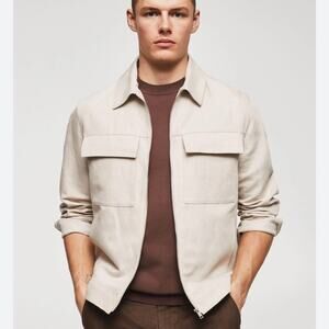 Mango Men’s Pocket 100% Linen Zip Jacket Size S light beige